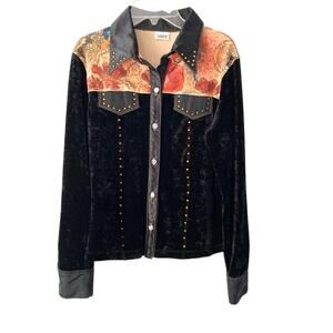 Love Amour Vintage Stretch Velvet Embellished Graphic Button Down Shirt medium